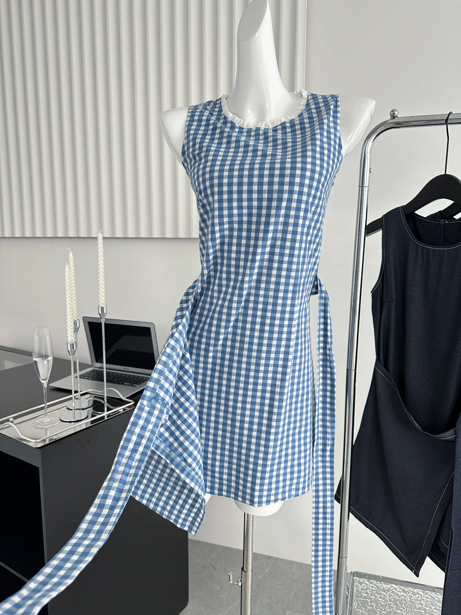 Two-tone sleeveless round neck dress with waist tie short skirt R1985