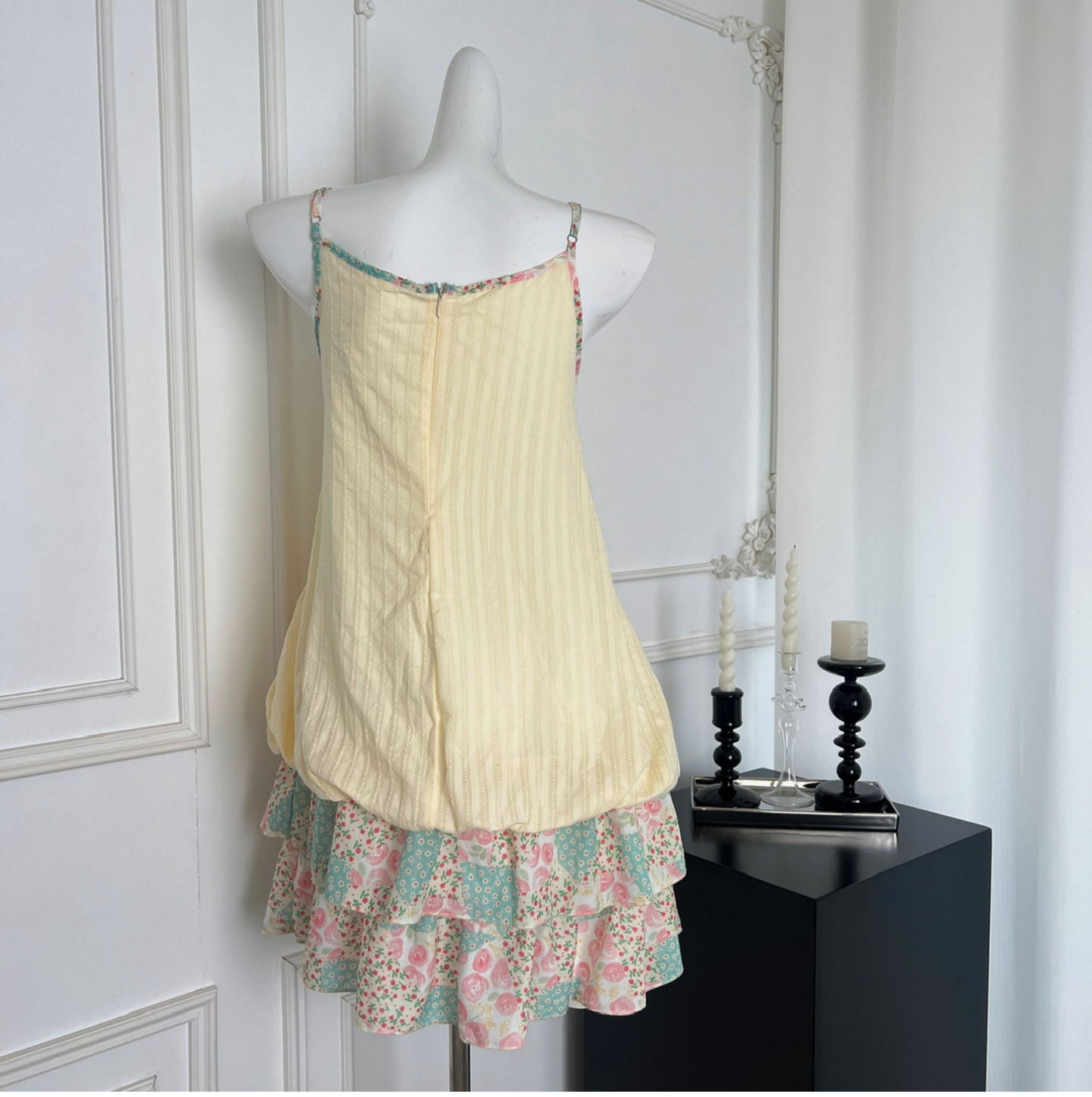 National style pink and green floral stitching pleated sling loose bud dress 2025 new R1987