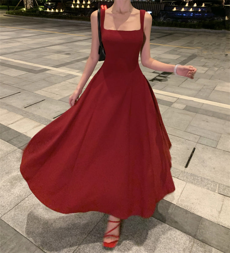 Skirt square neck suspender dress royal sister style temperament wine red high-end dress R1437