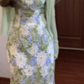 Gentle green floral suspender dress with beautiful temperament waist long skirt R0654
