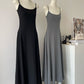 Black and gray simple waist slim U-neck temperament long suspender dress R2088