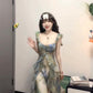Blurred floral suspender dress temperament waist A-line beach dress R0659