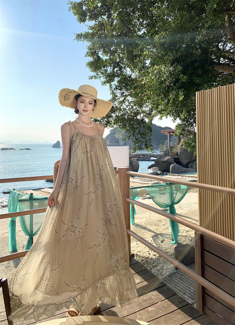 Retro printed suspender dress gentle temperament A-line long skirt R0660