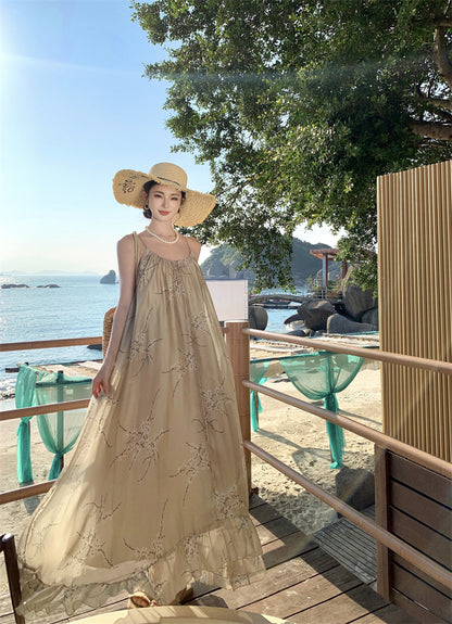 Retro printed suspender dress gentle temperament A-line long skirt R0660