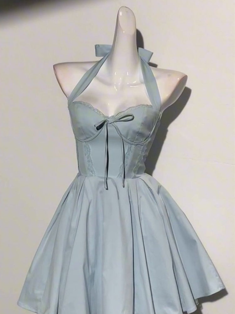 Summer Butterfly Dew Back Small Skirt Blue Hanging Neck Waist Dress 2025 New Homecoming Dress R2995