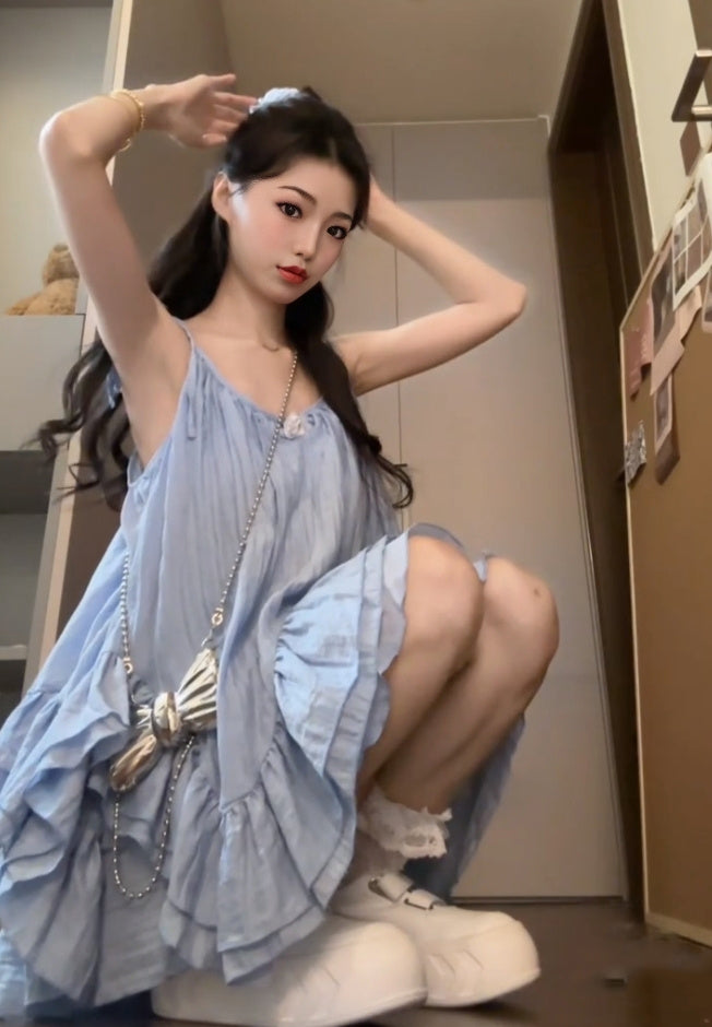 Suit blue suspender dress short skirt skirt summer outfit matching a complete set R0795