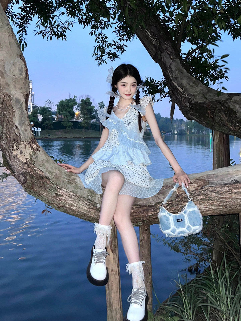 French sweet floral ruffle patchwork dress niche design princess fairy dress R1657