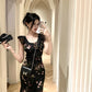 Holiday design small flying sleeves black floral dress slim fit temperament hip long skirt R1785