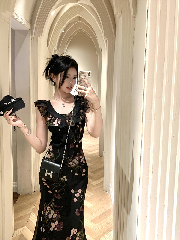 Holiday design small flying sleeves black floral dress slim fit temperament hip long skirt R1785