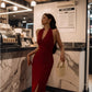 Burgundy sexy halter neck dress French temperament hip-wrapped evening dress long skirt R1458