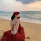Retro niche design backless suspender dress seaside holiday outfit long dress R1459