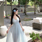 Blue V-neck suspender dress beautiful gentle temperament small skirt R0669