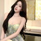 Green floral suspender dress, elegant waist slim beach dress R0670