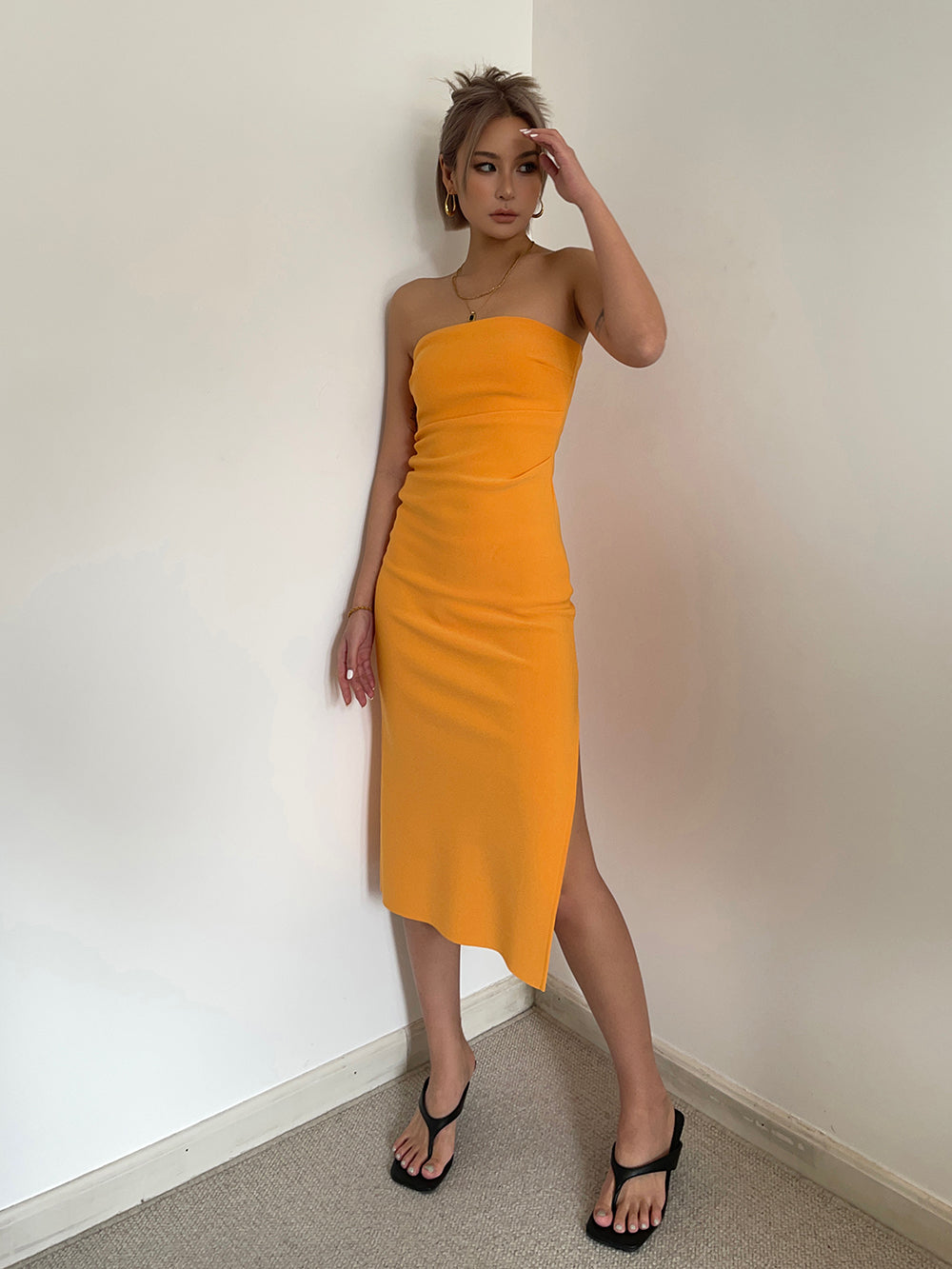 Hot girl sexy slit tube top dress slim fit medium length hip waist dress high-end long skirt R3037