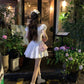 2025 new white short skirt women's French square neck puff sleeve dress waist slimming R0119