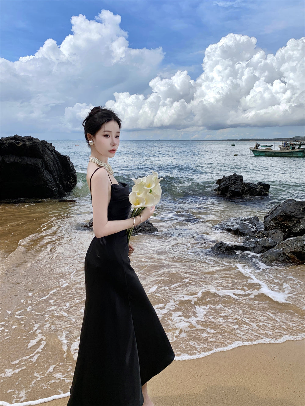 Black suspender dress slim sexy temperament slit silk satin holiday wear skirt R1443