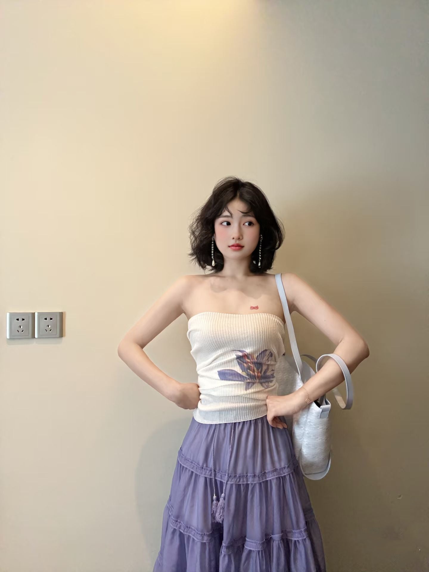 Elegant and gentle temperament one-shoulder long-sleeved top a-line skirt two-piece suit skirt R0875