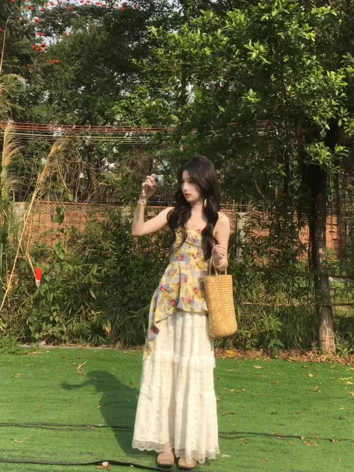 Casual lazy style gentle temperament floral camisole skirt two-piece set R0874