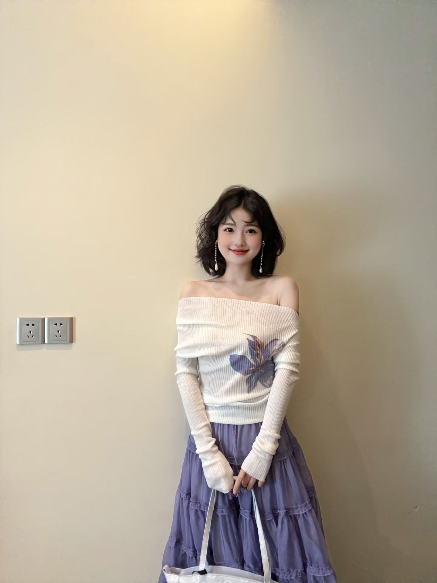 Elegant and gentle temperament one-shoulder long-sleeved top a-line skirt two-piece suit skirt R0875