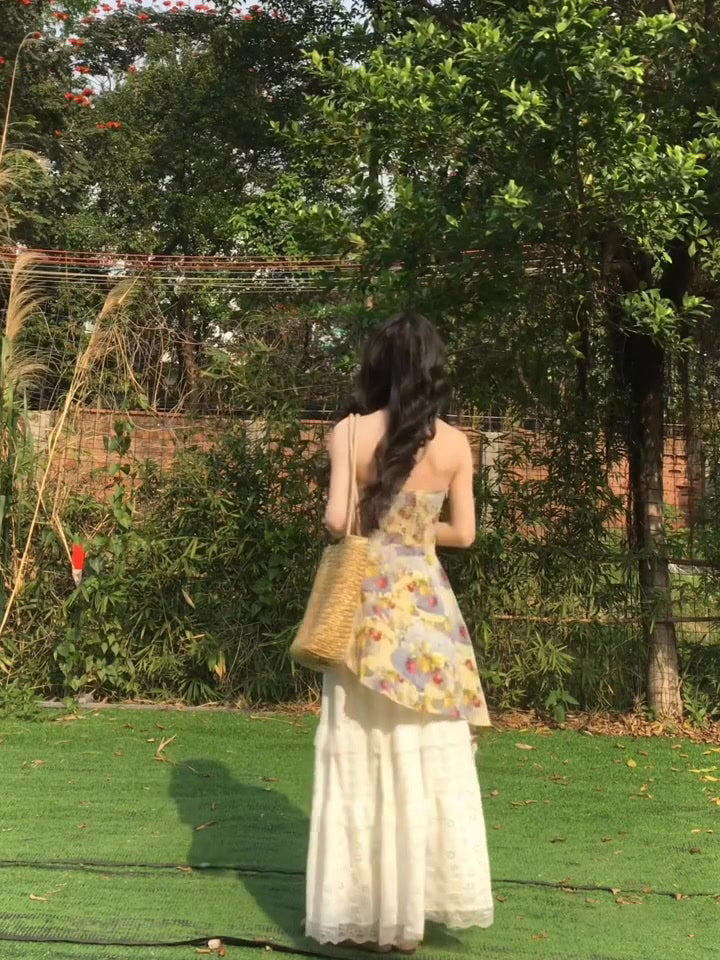 Casual lazy style gentle temperament floral camisole skirt two-piece set R0874