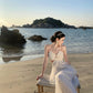White hollow suspender dress gentle temperament waist backless A-line long skirt R0596