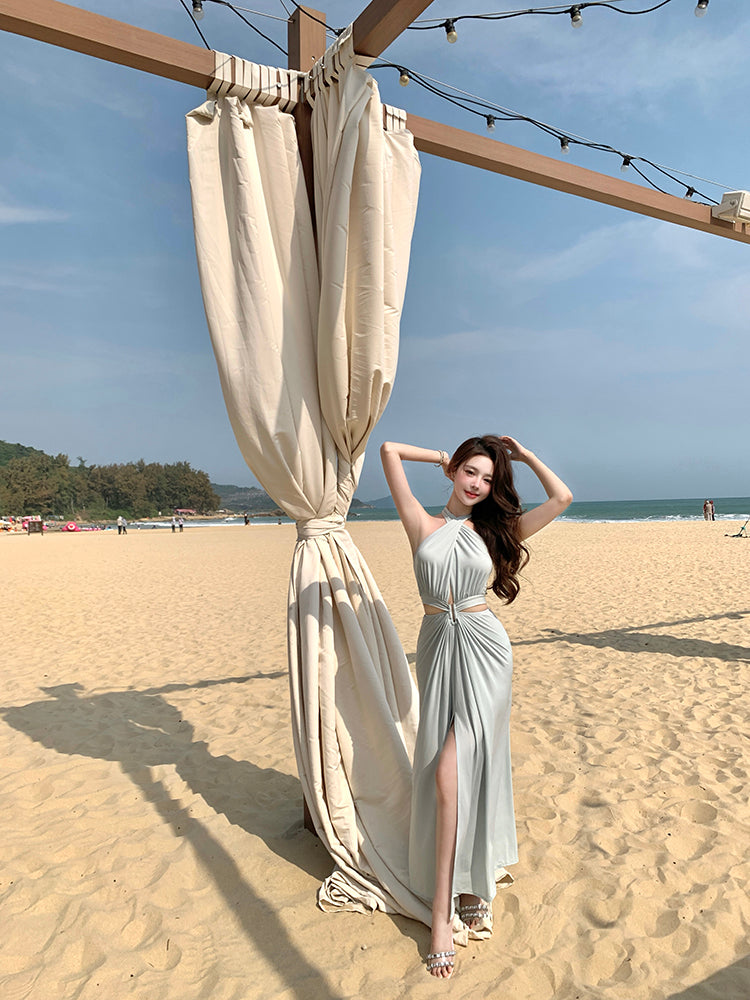 Blue v-neck hollow sleeveless halter dress temperament waist banquet dress R0547