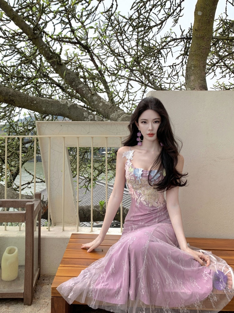 Beautiful little skirt purple flower sling dress beautiful waist hip skirt R0656