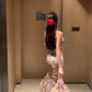 Retro floral suspender dress beautiful waist hip skirt R0657