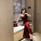 French suspender dress autumn wine red slim waist velvet hip fishtail Christmas dress R1439