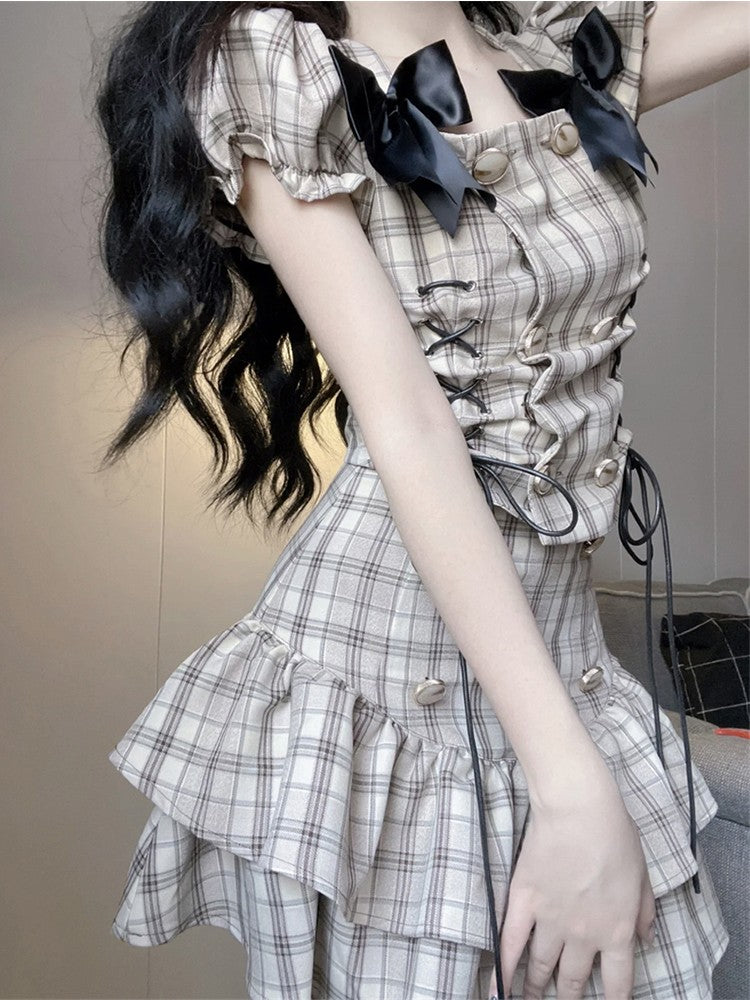 French first love skirt sweet retro plaid suit skirt puffy princess skirt two-piece suit R1648