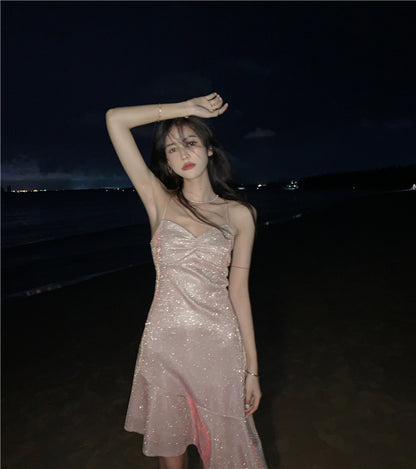 Beach vacation Sanya travel outfit sexy backless suspender beach dress R1455