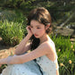 Gentle temperament blue polka dot suspender dress beautiful waist A-line long skirt R0714