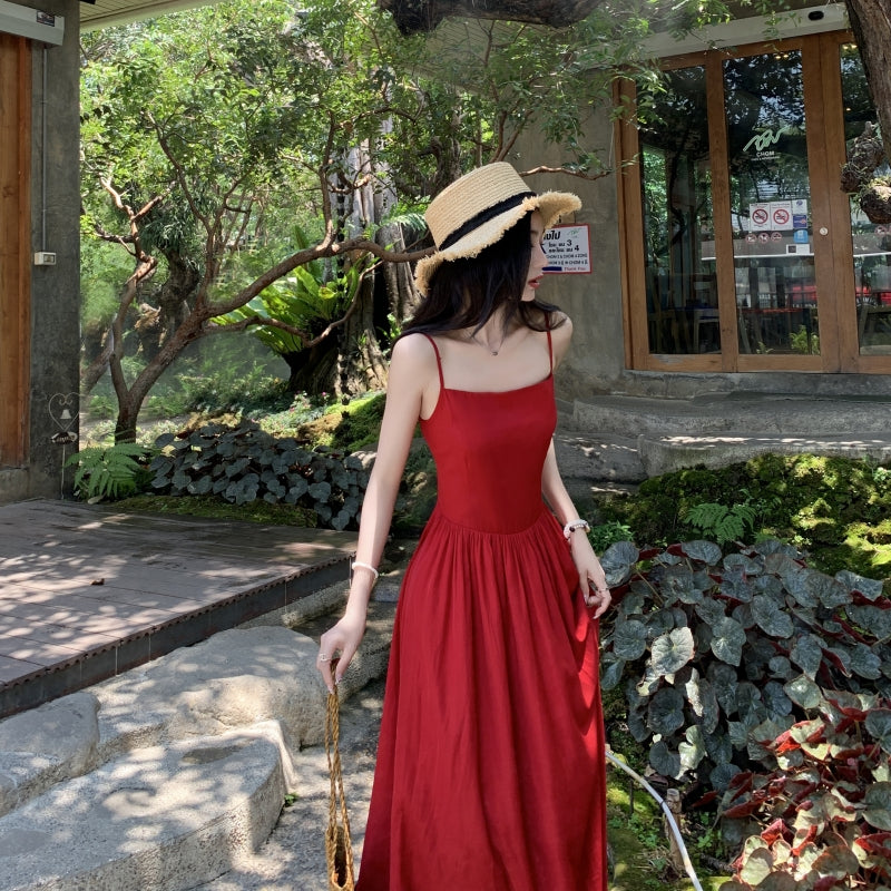 French square neck waist hip dress high waist sleeveless slim suspender dress slit long skirt R1434