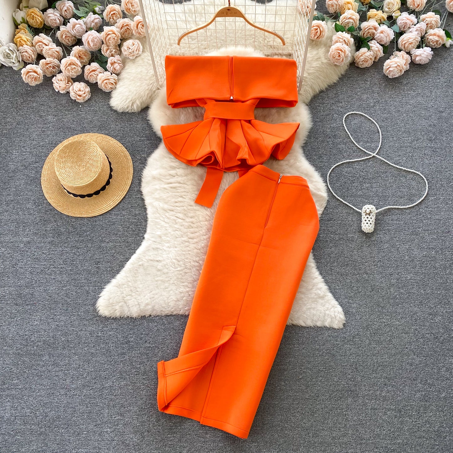 Palace style dress suit sexy one shoulder waist lotus leaf hem top versatile skirt two piece suit R2251