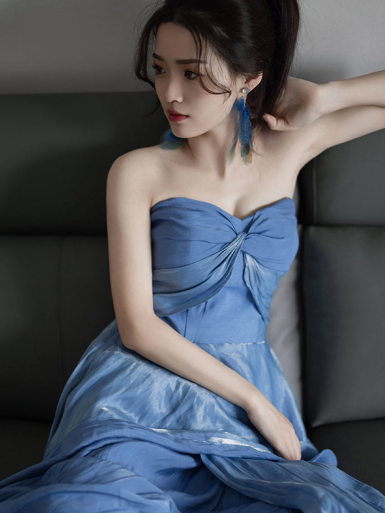 Dress blue wedding banquet high-end banquet temperament slim tube top dress R1624