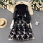 French knitted stitching embroidered mesh dress with tie waist temperament fairy dress R2160