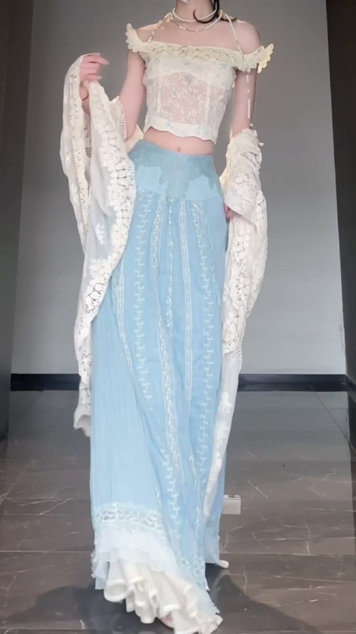 Gentle temperament white one-shoulder top a-line skirt two-piece set R0808