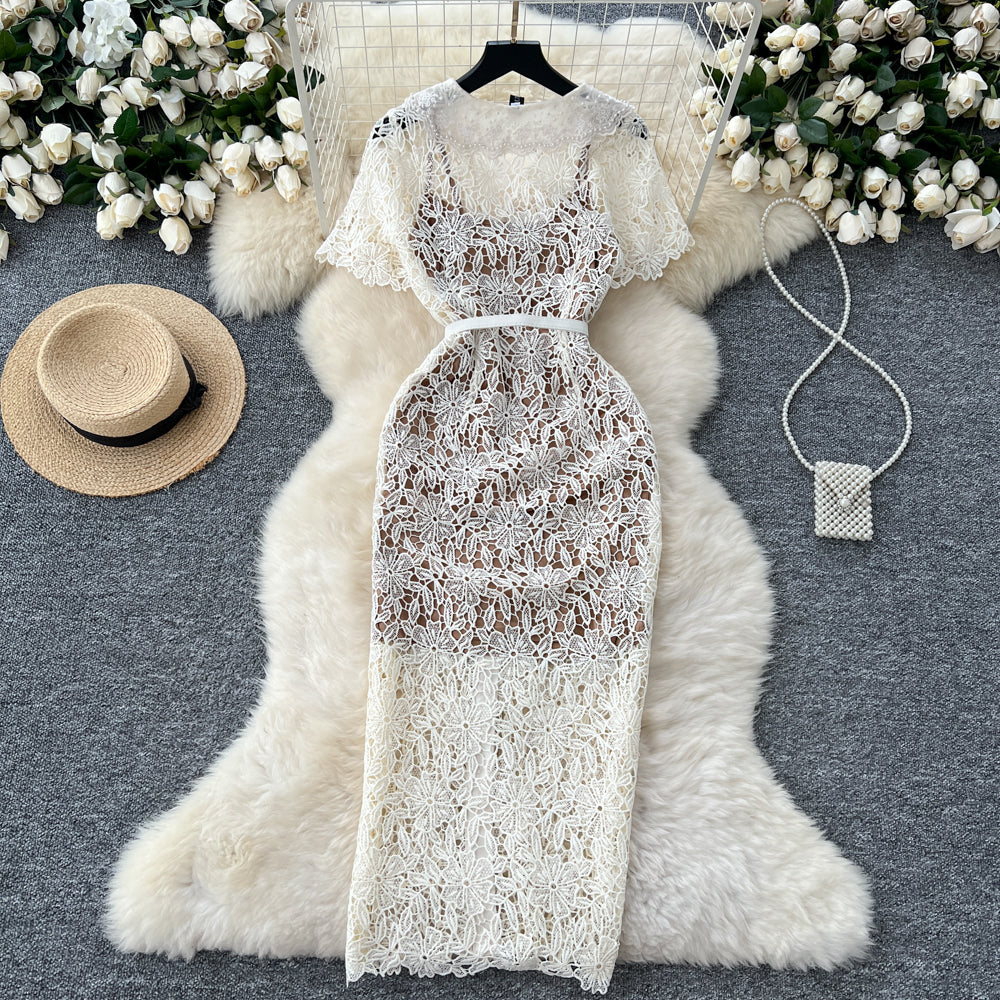 Chanel style dress with short sleeves, short-sleeved, single-breasted lace crochet long skirt R2300