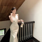 Satin white halter neck suspender dress sexy fishtail hip wrap gentle high-end long skirt R1468