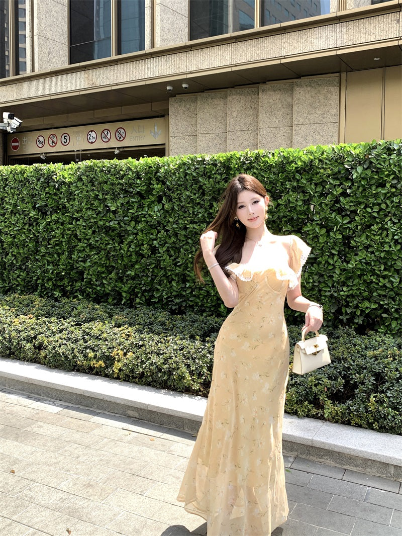 Beautiful little skirt gentle style floral yellow long skirt 2025 dress R0890