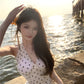 Small v-neck halter neck polka dot long dress with backless herringbone waist R0549