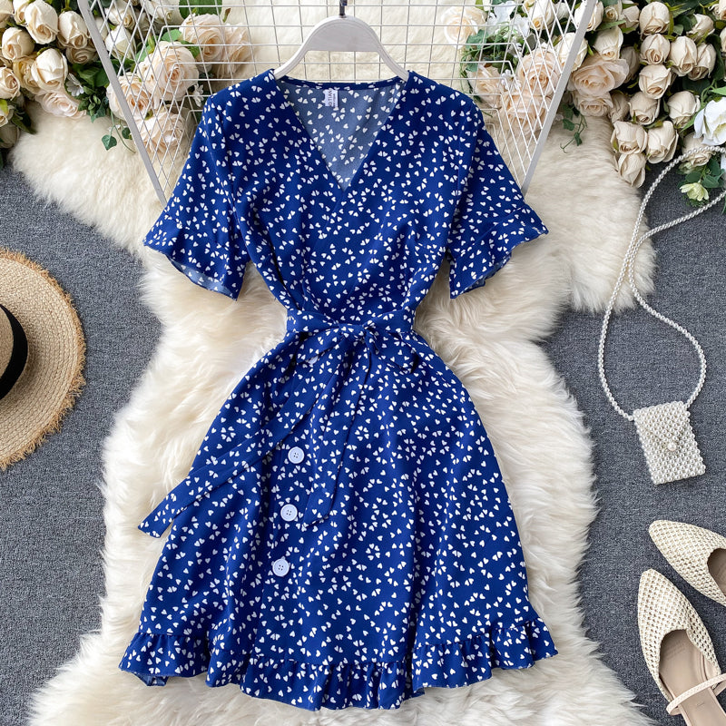 Dress 2025 new summer sweet love print trumpet sleeve tie waist short style R2166