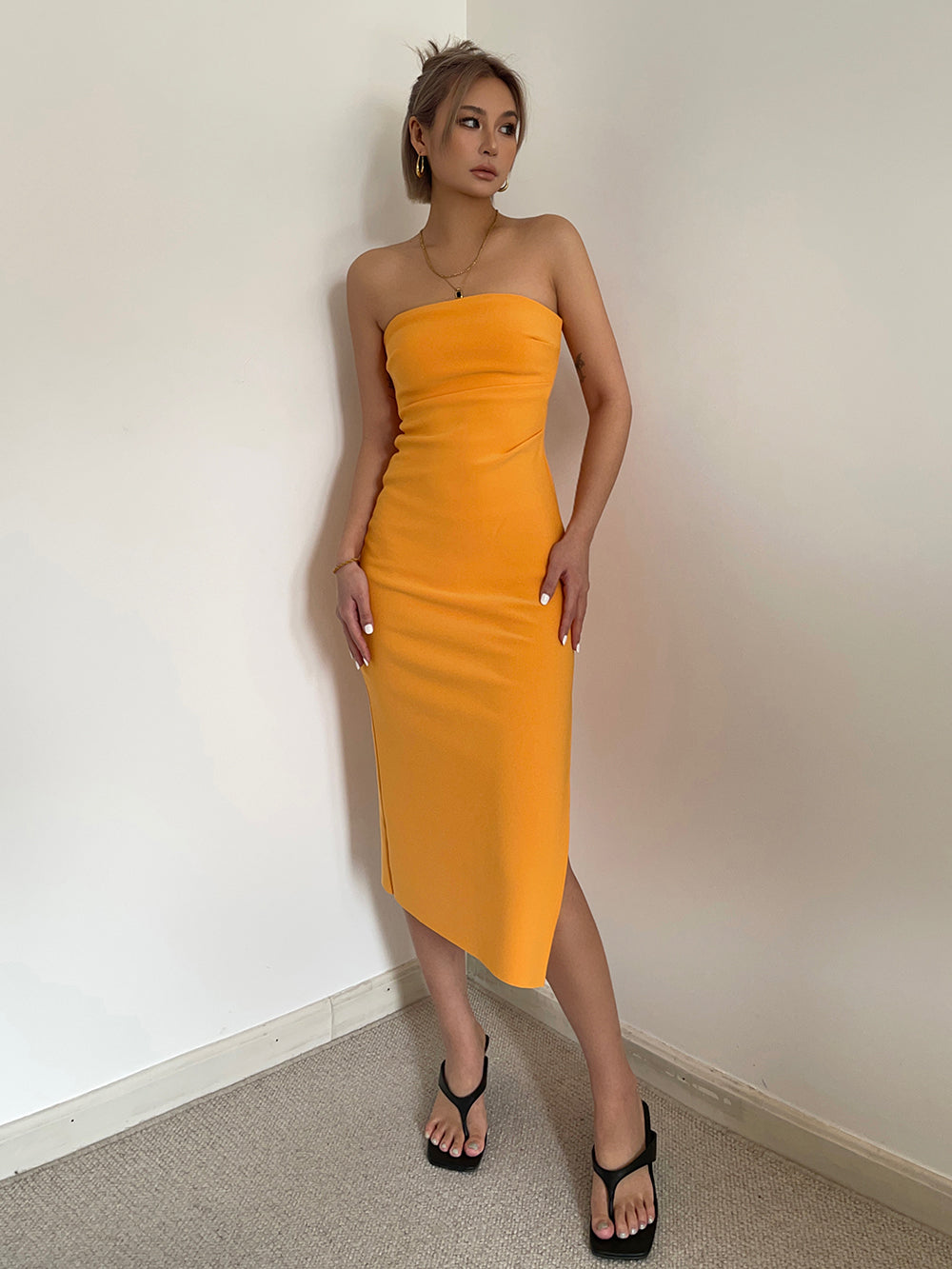 Hot girl sexy slit tube top dress slim fit medium length hip waist dress high-end long skirt R3037