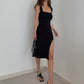 Super temperament square collar slit skirt sexy slim waist S-shaped hot girl figure hip dress R3026