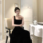Square neck suspender dress temperament slim Hepburn style evening party black long dress R1484