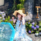 Gentle and sweet style blue flower short-sleeved dress holiday style A-line long skirt R0721