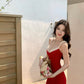 Retro red suspender dress 2025 new holiday style temperament figure waist hip skirt R0722
