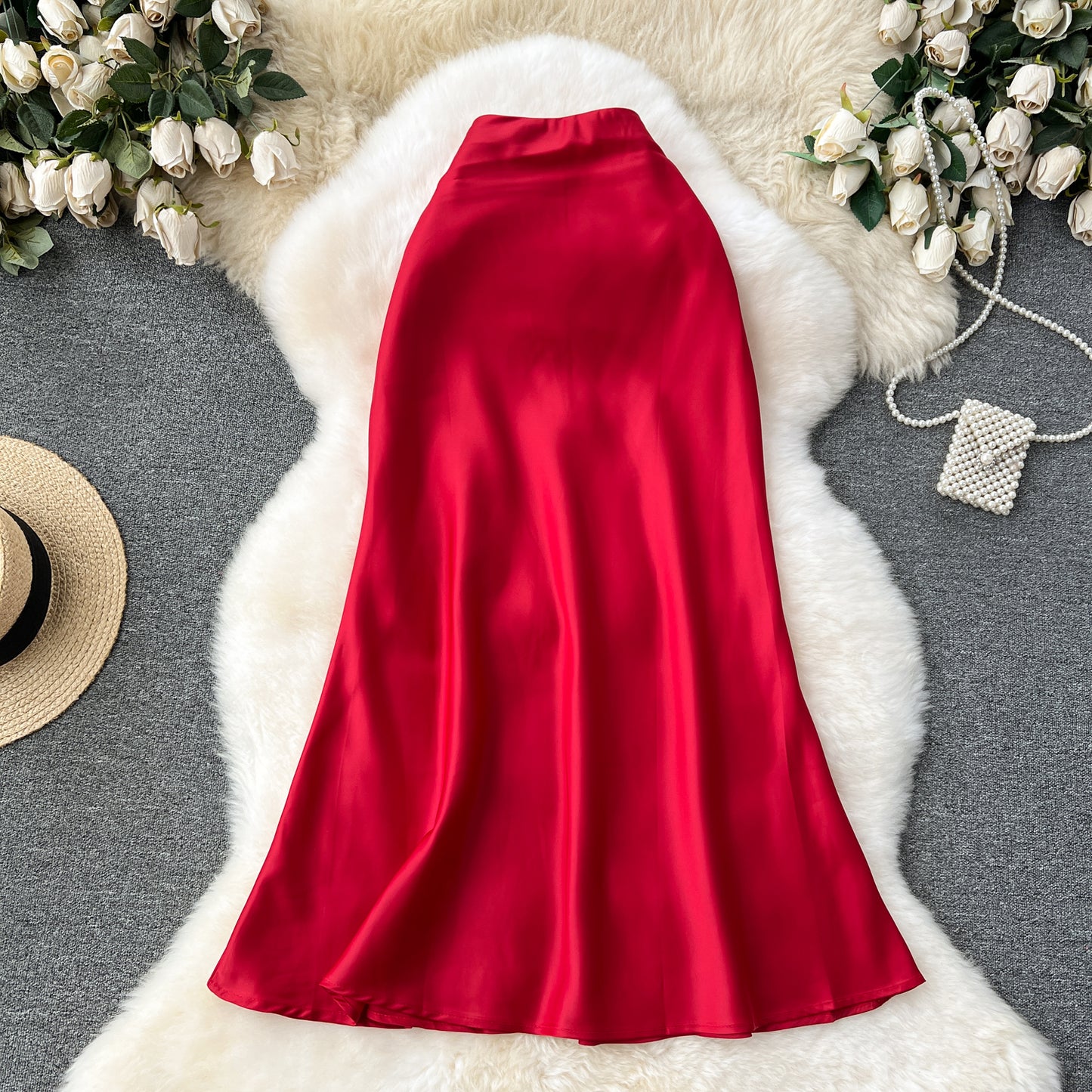 High-end satin skirt, high waist, slimming, medium-length fishtail skirt R2194