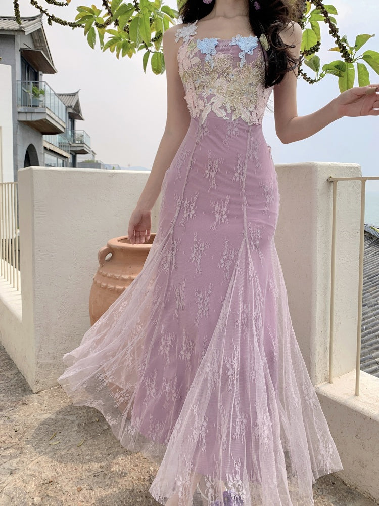 Beautiful little skirt purple flower sling dress beautiful waist hip skirt R0656