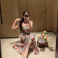 Retro floral suspender dress beautiful waist hip skirt R0657